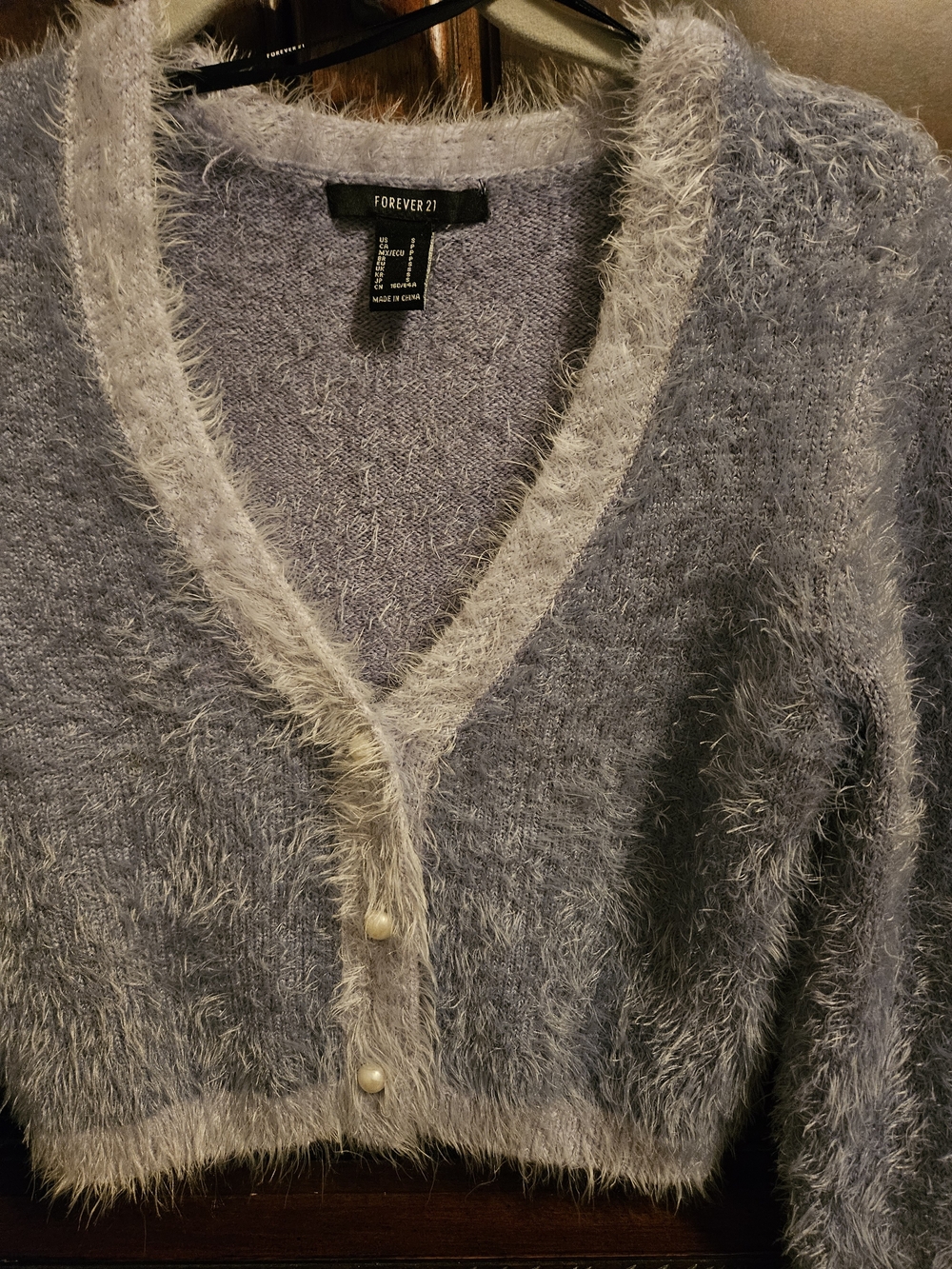 Forever 21 Lavender Fuzzy V-Neck Cropped Cardigan with Pearl Buttons Small